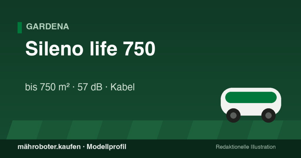 Redaktionelle Grafik zum Mähroboter-Profil Gardena Sileno life 750